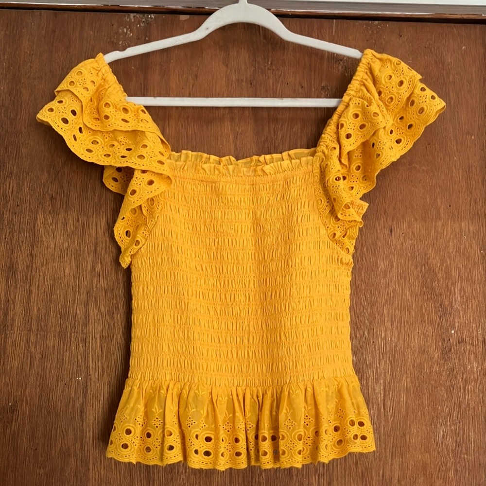 House of Harlow 1960 Yellow Eyelet Ruffle Off-Shoulder Top